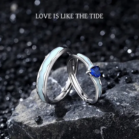 S925 Sterlingsilber Blaue Herz Zirkonia Paar Ringe Leuchtende Wellen Emaille Verstellbare Offene Fingerringe Romantischer Schmuck