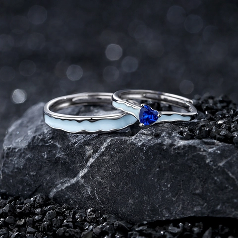 S925 Sterlingsilber Blaue Herz Zirkonia Paar Ringe Leuchtende Wellen Emaille Verstellbare Offene Fingerringe Romantischer Schmuck