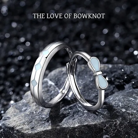 925 Sterling Silver Bowknot Couple Rings For Women Men Fashion Luminous Adjustable Open Rings Valentine's Day Jewelry Gift