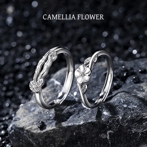 Anelli di Coppia in Argento Sterling S925 Camelia Regolabile Aperto Ramo Foglia Anelli per Uomo e Donna Gioielli di Moda