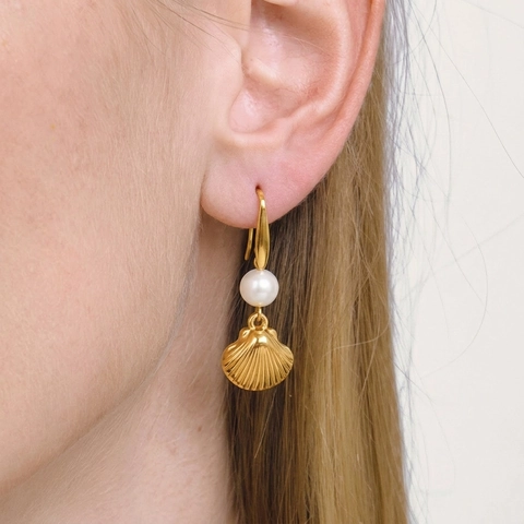 Shell Artificial Pearl Pendant Earrings Stainless Steel Gold Plated Sea Element Fashion Ocean Jewelry For Women
