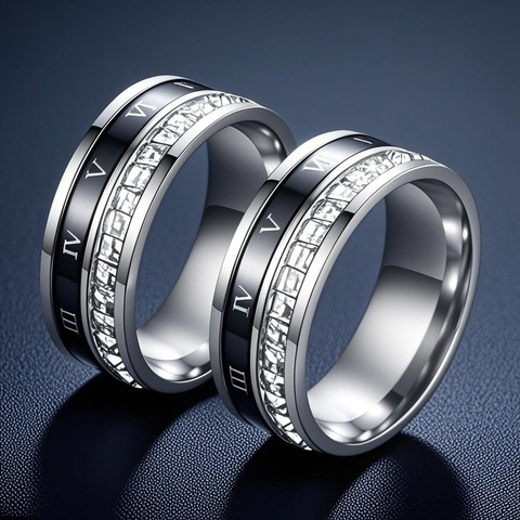 Vintage Roman Numeral Spinner Ring For Men Women Stainless Steel Rhinestone Inlaid Stardust Band Ring Tarnish Free Jewelry