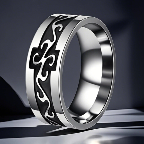 Men Stainless Steel Cross Pattern Ring Gothic Scroll Engraved Band Hip Hop Fashion Jewelry For Unisex Vintage Silver Black Ring