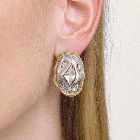 Orecchini E Anello In Acciaio Inossidabile Martellato Geometrico Bicolore Texture Irregolare Impermeabile Gioielli Donne