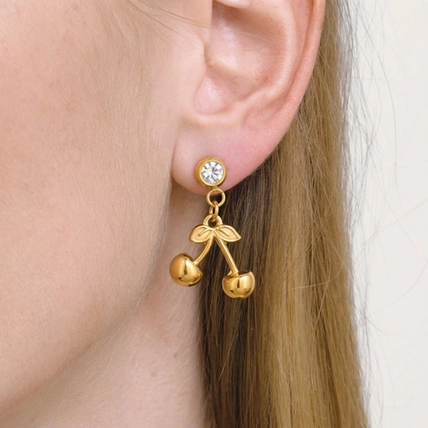 Fashion Stainless Steel Cherry Stud Earrings For Women Waterproof Hypoallergenic Gold Silver Plated Zirconia Fruit Drop Earrings Jewelry Gift