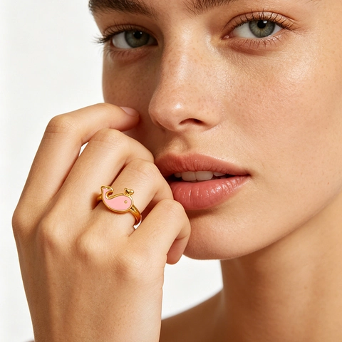 Süßer Rosa Delfin Offener Ring Edelstahl 18K Vergoldet Emaille Tierform Verstellbarer Schmuck Für Damen