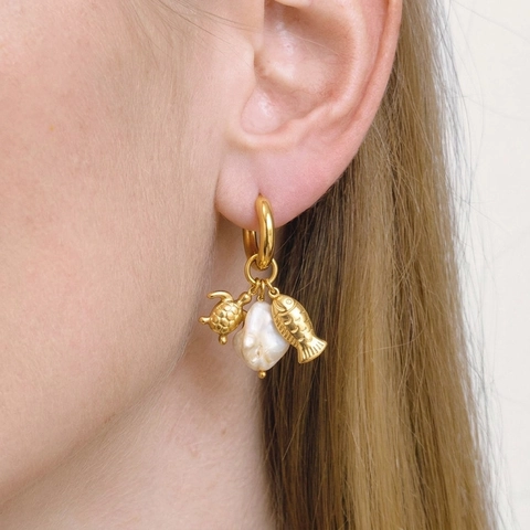 Pendientes De Aro Asimétricos Tema Océano Acero Inoxidable Chapado En Oro 18K Perla Barroca Artificial Tortuga Marina Concha Pez Impermeable