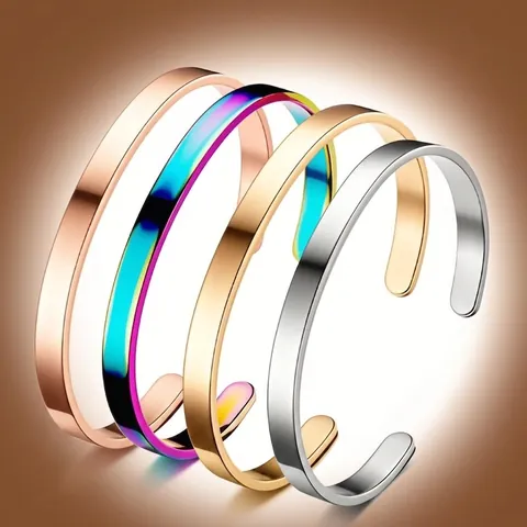 Stainless Steel C-Shaped Open Bangle Bracelet For Women Adjustable Rhinestone Inlaid Minimalist Cuff Fashion Jewelry