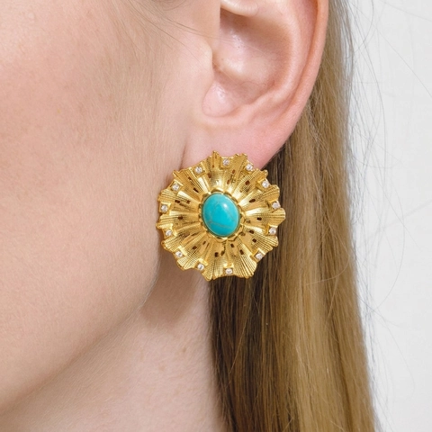 Sunburst Turquoise Flower Earrings Stainless Steel Rhinestone Vintage Bohemian Studs For Women Waterproof Hypoallergenic