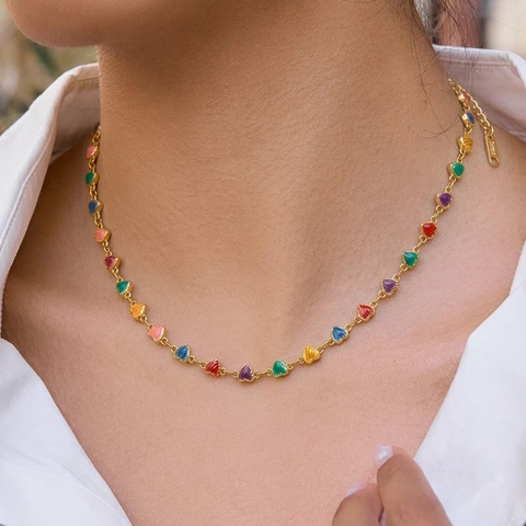 Colorful Heart Drip Enamel Jewelry Set Stainless Steel Gold Plated Necklace And Bracelet Romantic Vacation Style For Women