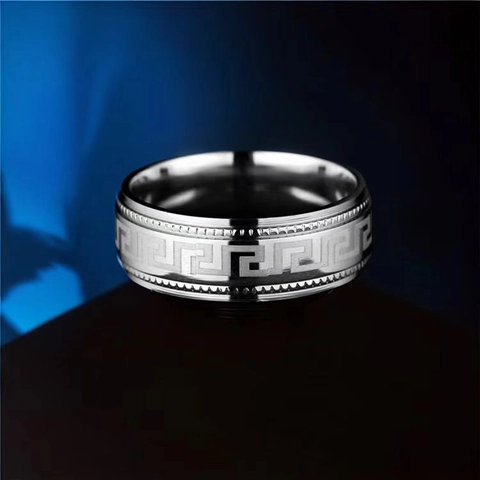 Vintage Stainless Steel Greek Key Band Ring For Men Women Great Wall Pattern Polished Niche Design Ins Style Finger Ring