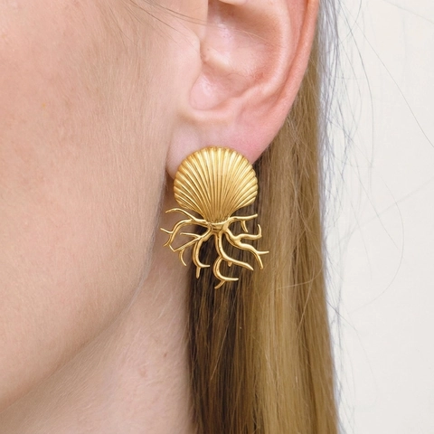 Pendientes Colgantes Rama De Coral Con Concha Estilo Océano Acero Inoxidable 304 Chapado Oro Impermeable Para Mujer