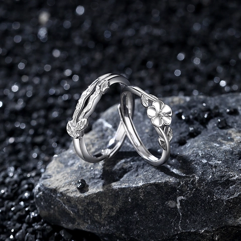 Anelli di Coppia in Argento Sterling S925 Camelia Regolabile Aperto Ramo Foglia Anelli per Uomo e Donna Gioielli di Moda