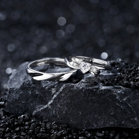 925 Sterling Silver Zirconia Couple Rings Set Heart Bowknot Adjustable Open Finger Ring Fashion Minimalist Jewelry For Lovers