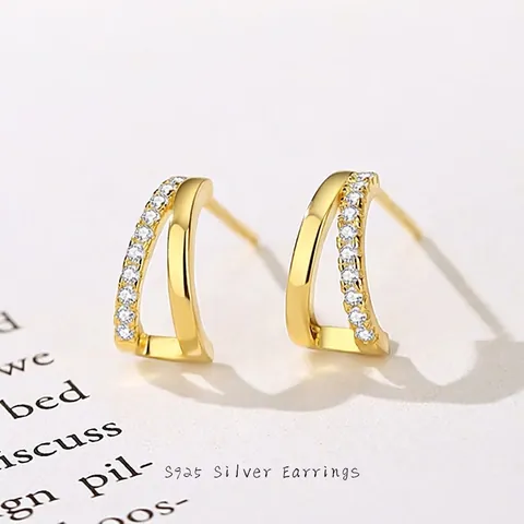 Orecchini a Bottone in Argento Sterling 925 con Doppio Arco e Zirconia per Donna Forma a C Geometrica Placcato Oro Argento Gioielli
