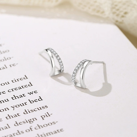 Orecchini a Bottone in Argento Sterling 925 con Doppio Arco e Zirconia per Donna Forma a C Geometrica Placcato Oro Argento Gioielli