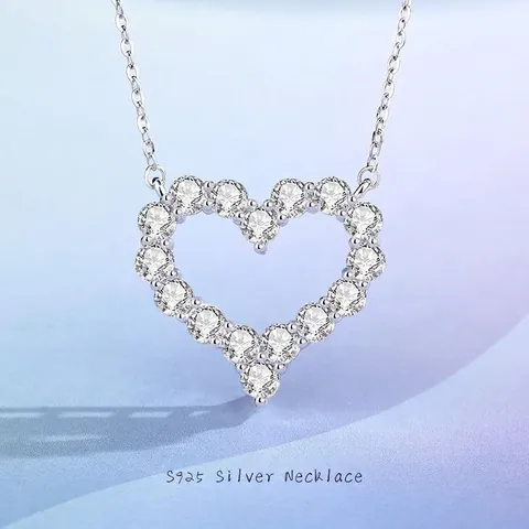 925 Sterling Silver Moissanite Heart Pendant Necklace For Women Elegant Heart Shaped Hollow Pave Zirconia Double Layer Chain Jewelry Gift