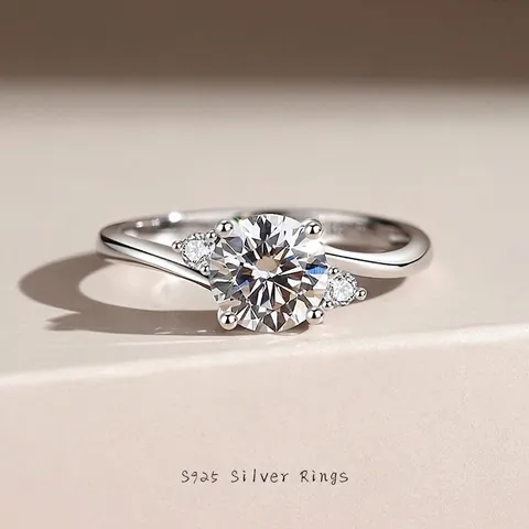 Anillo de Plata de Ley 925 Moissanita para Mujer 1 Quilate Corte Redondo Circonia Tres Piedras Ajustable Banda Torcida Joyería de Boda Regalo