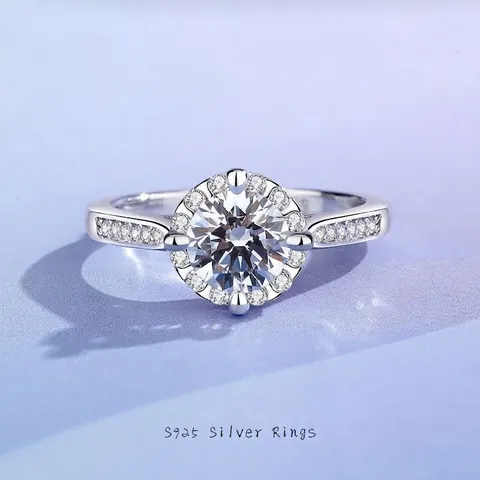 Anillo de Corona de Moissanita de Plata de Ley 925 para Mujer Halo Redondo Circonia Ajustable Compromiso Boda Joyería Regalo