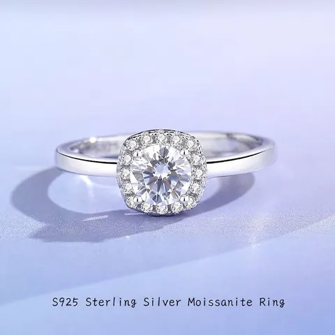 Anillo de Plata de Ley 925 con Moissanita Halo Cuadrado Color D Circonia Ajustable Compromiso Boda Joyería Fina para Mujer