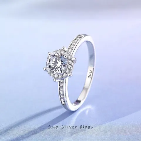 Anillo de Compromiso de Plata de Ley 925 Corona Halo VVS1 Moissanita Anillo de Boda de Circonia de Corte Redondo Para Joyería de Moda de Mujer Regalo
