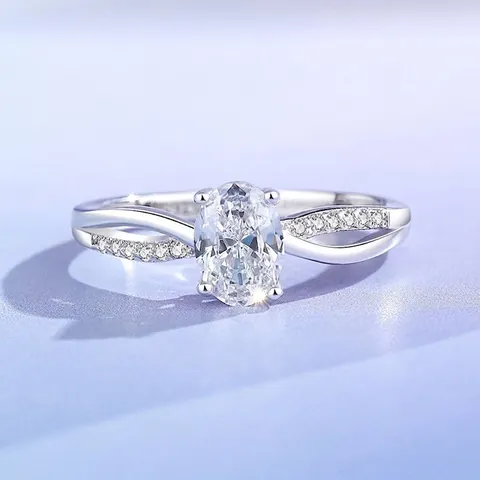 Anello in Argento Sterling 925 con Zirconia Cubica Ovale per Donna Fascia Intrecciata Pavé Fidanzamento Matrimonio Anello Gioielli in Argento alla Moda
