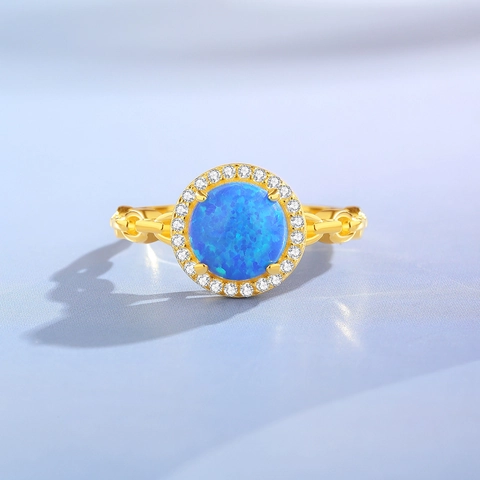 925 Sterling Silver Opal Ring For Women Gold Plated Round Iridescent Blue White Opal Zirconia Halo Chain Band Ring Jewelry