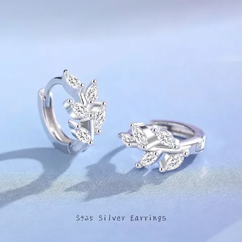 925 Sterling Zilveren Blad Huggie Hoop Oorbellen Voor Vrouwen Franse Chic Tak Zirconia Minimalistische Sieraden Oorbellen