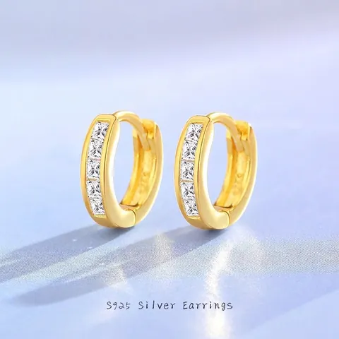 925 Sterling Silver Square Zirconia Huggie Hoop Earrings Gold White Gold Paved Geometric Small Earrings For Women Jewelry