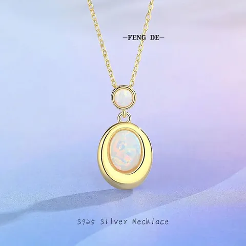 Collar con Colgante de Doble Opalo Ovalado de Plata de Ley 925 para Mujer Chapado en Oro Joyería Minimalista Elegante Regalo