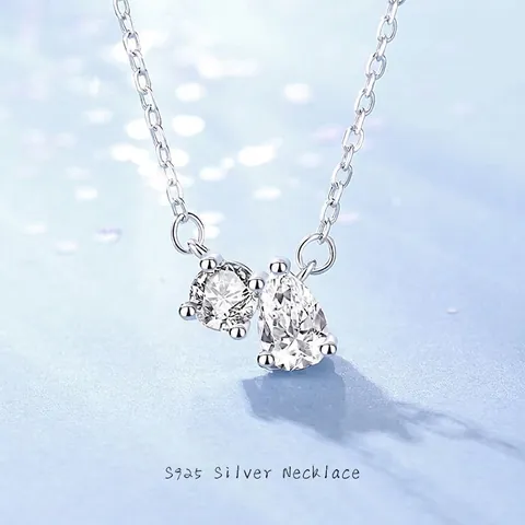 S925 Sterling Silber Moissanit Halskette Elegante Doppelstein Wassertropfen Rundschliff Anhänger Ankerkette Damen Schmuck