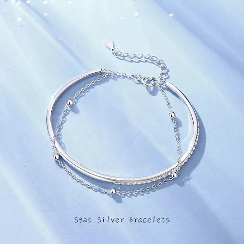 Bracciale in Argento Sterling S925 a Doppio Strato Con Perline in Zirconia Cubica Elegante Bangle per Donna Gioielli