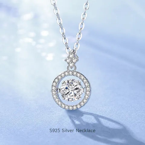 925 Sterling Silver Dancing Stone Pendant Necklace Circular Halo Moissanite Zirconia Round Jewelry For Women Wedding Gift