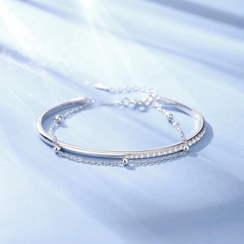 Bracciale in Argento Sterling S925 a Doppio Strato Con Perline in Zirconia Cubica Elegante Bangle per Donna Gioielli