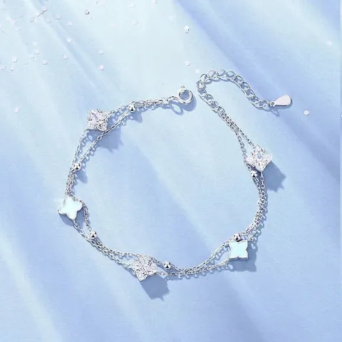 Elegante Bracciale a Doppio Strato in Argento Sterling 925 con Quadrifoglio Luminoso Smalto Blu Chiaro Zirconia Cubica Braccialetto a Catena per Donna Gioielli di Moda
