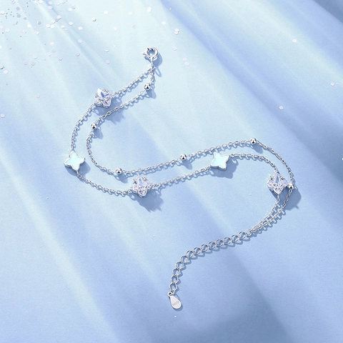 Elegante Bracciale a Doppio Strato in Argento Sterling 925 con Quadrifoglio Luminoso Smalto Blu Chiaro Zirconia Cubica Braccialetto a Catena per Donna Gioielli di Moda