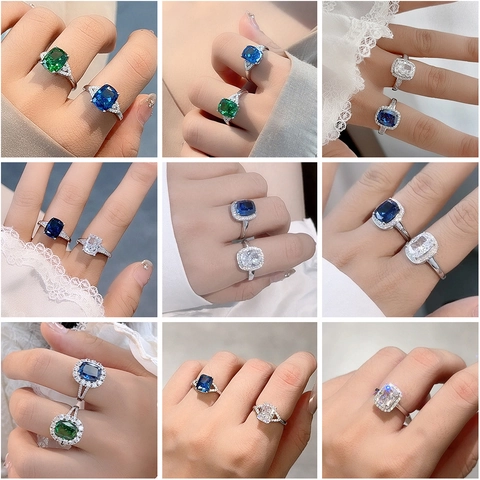 Luxury 925 Sterling Silver Zirconia Ring For Women Radiant Cushion Cut Rectangle Halo Stacking Wedding Jewelry Gift