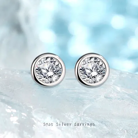 Pendientes de Botón de Moissanita Plata de Ley 925 Engaste de Bisel Diseño de Burbuja Redondo Oro Blanco Joyería Mujer