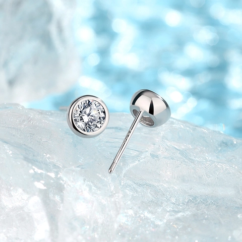 Pendientes de Botón de Moissanita Plata de Ley 925 Engaste de Bisel Diseño de Burbuja Redondo Oro Blanco Joyería Mujer