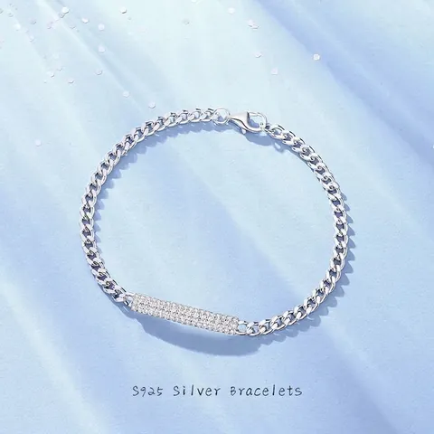 925 Sterling Silver Bracelet Minimalist Cubic Zirconia Pave Rectangular Bar Cuban Link Chain Fashion Women Jewelry Gift