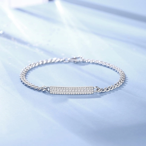 925 Sterling Silver Bracelet Minimalist Cubic Zirconia Pave Rectangular Bar Cuban Link Chain Fashion Women Jewelry Gift