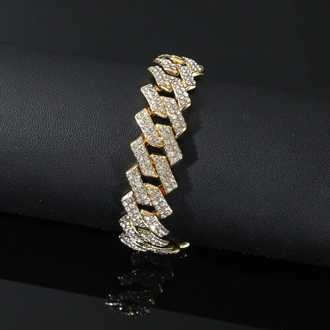 Bracciale Cuban Link Iced Out di Lusso Hip Hop in Lega con Strass Intarsiati Oro Argento Placcato Streetwear Gioielli per Uomo