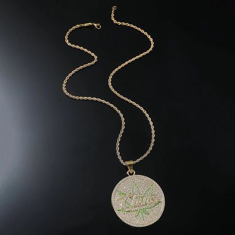 Collana Hip Hop Oro Pendente Tondo Lega Zinco Strass Foglia Design Acciaio Inossidabile Catena Corda Streetwear Uomo Donna Gioielli