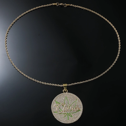 Collana Hip Hop Oro Pendente Tondo Lega Zinco Strass Foglia Design Acciaio Inossidabile Catena Corda Streetwear Uomo Donna Gioielli