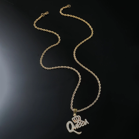 Collana con Pendente Lettera Queen Hip Hop Con Corona Strass Catena a Corda in Acciaio Inossidabile Oro Argento Gioielli