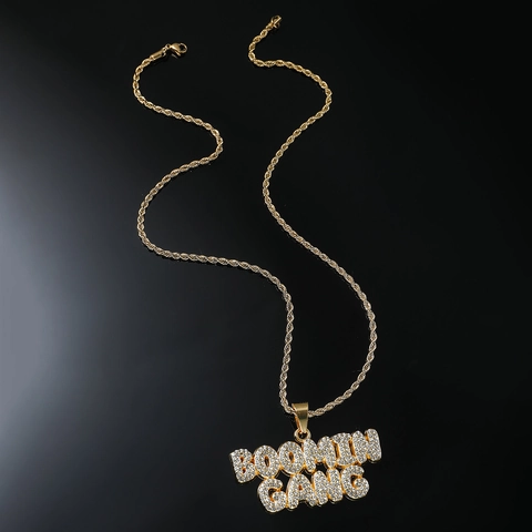 Collier Pendentif Lettre Boomin Gang Hip Hop Iced Out Strass Alliage de Zinc Acier Inoxydable Chaîne Corde pour Homme Femme Or