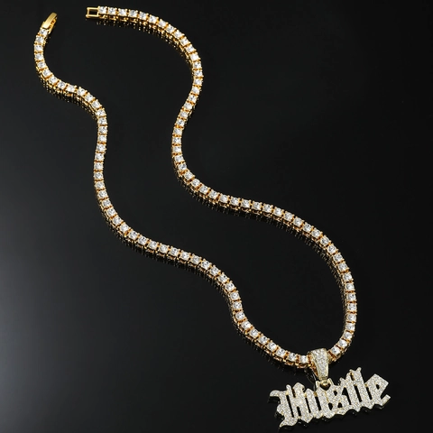 Collana con Pendente Lettera Hustle Hip Hop Lega con Strass Catena Tennis a Singola Fila per Uomo Gioielli Streetwear