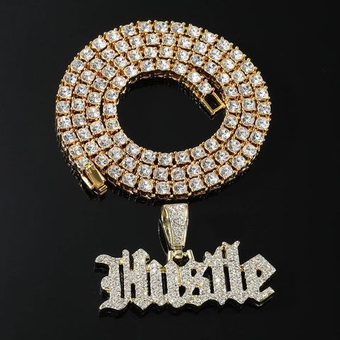 Collana con Pendente Lettera Hustle Hip Hop Lega con Strass Catena Tennis a Singola Fila per Uomo Gioielli Streetwear