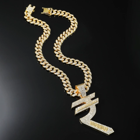 Collana Hip Hop con Ciondolo a Simbolo della Rupia per Uomo Lega con Strass Catena a Maglie Cubane Oro Argento Gioielli