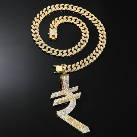 Collana Hip Hop con Ciondolo a Simbolo della Rupia per Uomo Lega con Strass Catena a Maglie Cubane Oro Argento Gioielli